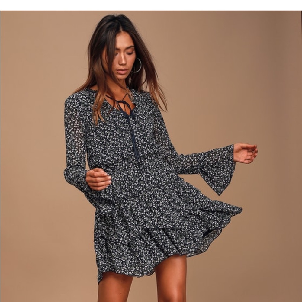 Lulus Garden of Grace Navy Blue Floral Ruffled Dress (Medium)